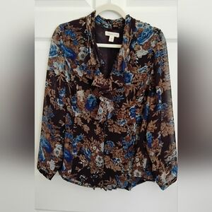 Coldwater Creek Brown and Blue Floral Ruffle-Front Blouse